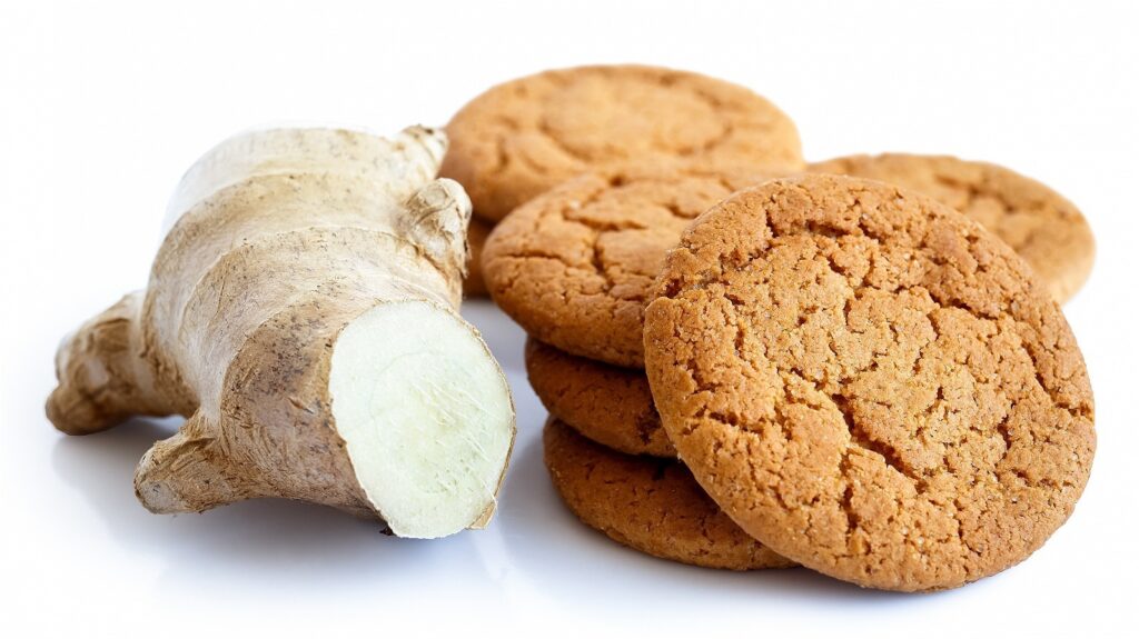 How does ginger in biscuits contribute to potential health benefits